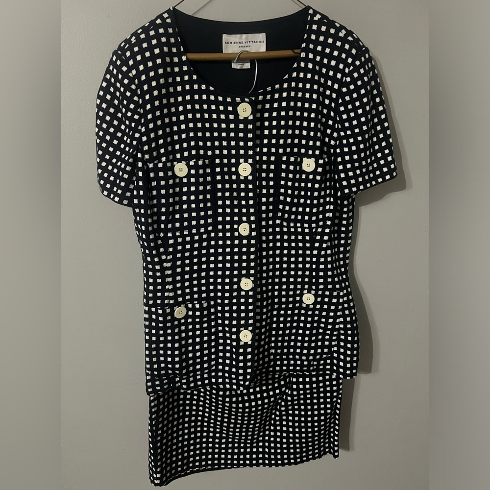 VINTAGE Adrienne Vittadini Top & Skirt Suit Set Navy White Plaid with Buttons